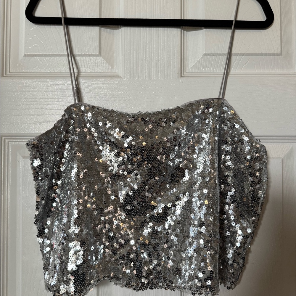 ASTR The Label Silver Sequin Women's Top